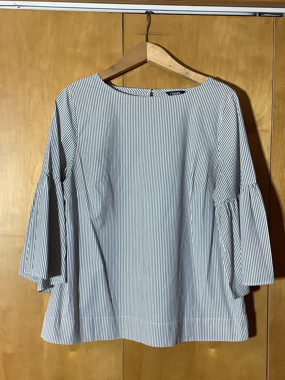Chaps white and black pinstripe bell sleeved top, size large